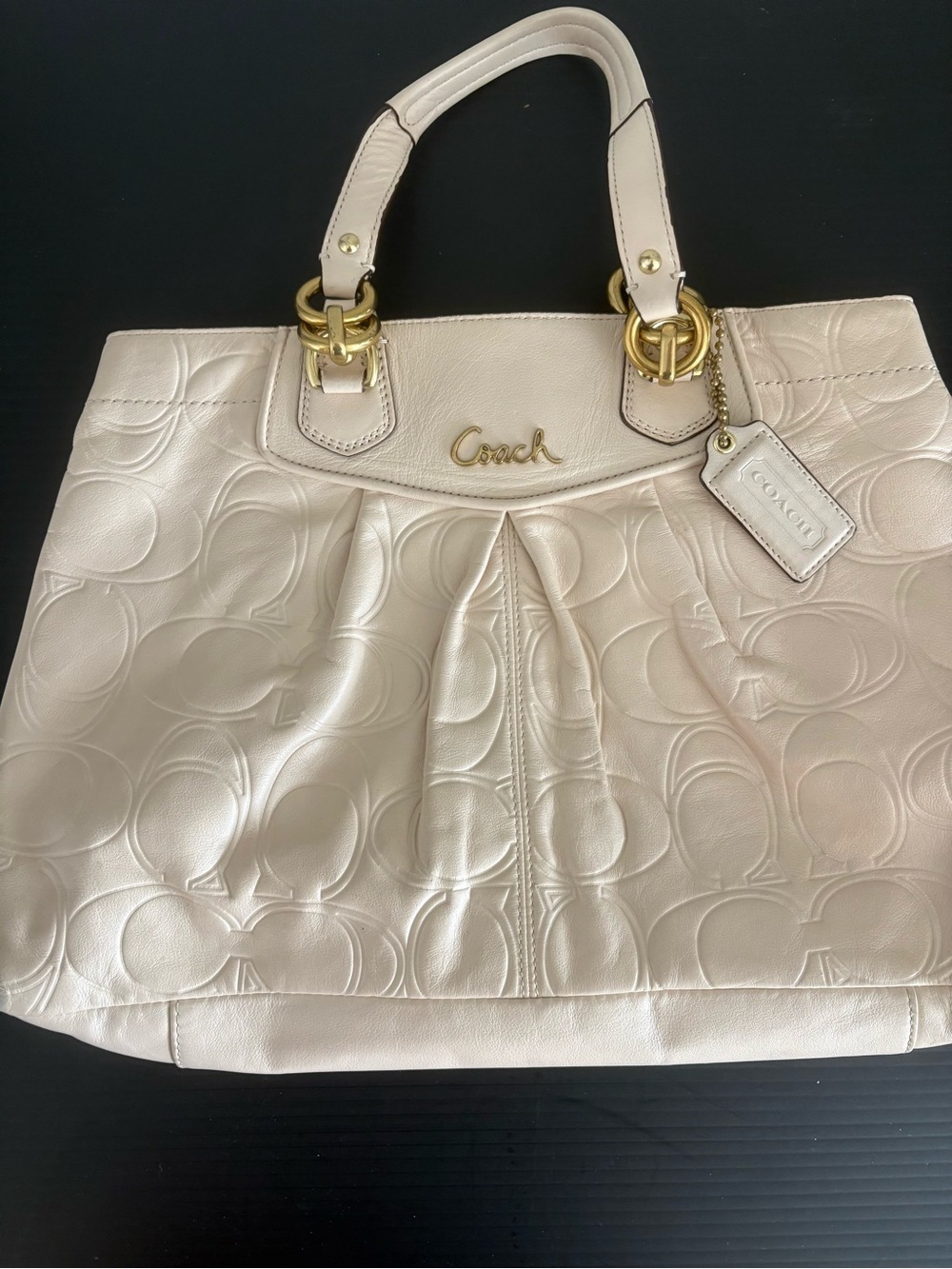 Coach Women's Cream Signature Embossed Leather Tote